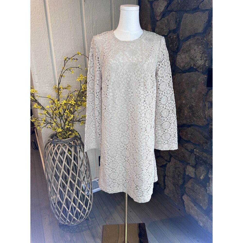 Loft Cream Crochet Lace Mini Dress Long Sleeve Shift Size S Boho Cottagecore